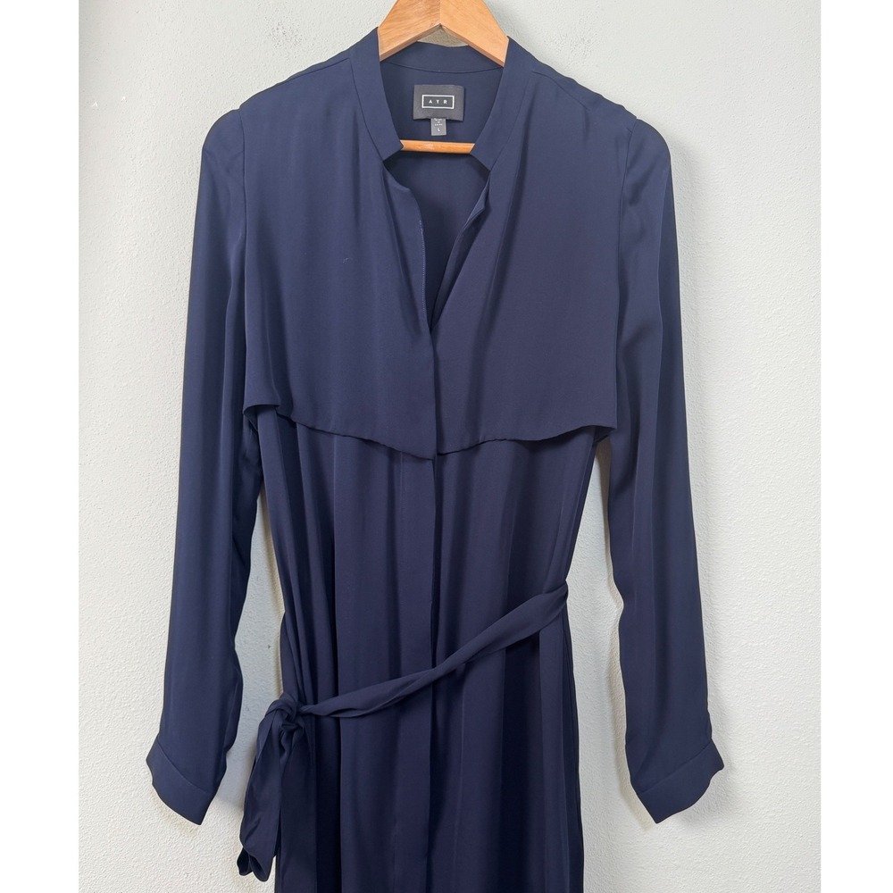 AYR The Silk Trench Dress Deep Marine Navy Blue 100% Silk Midi Size L - Picture 5 of 12